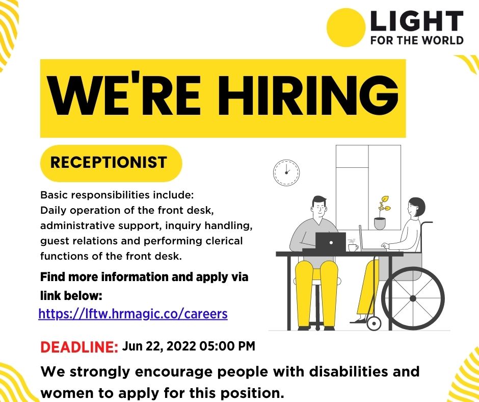 #JobOpportunity 
Light for the World is looking for a receptionist. Share and RT to spread the word. 
For more details about the job, and to apply, please follow the link below
 lftw.hrmagic.co/careers

Application Deadline: June 22, 2022.
