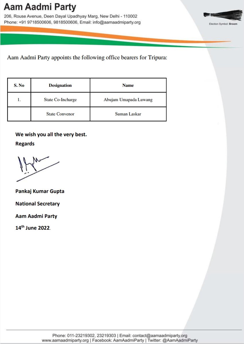 AamAadmiParty's tweet photo. Announcement 📣 

Congratulations, AAP announces office bearers for Tripura:

▪️Abujam Umapada Luwang as State Co-Incharge @aumapadaluwang

▪️Suman Laskar as State Convenor @suman4tripura

 @beingAAPian @munishkindian https://t.co/eMQcevgl2b