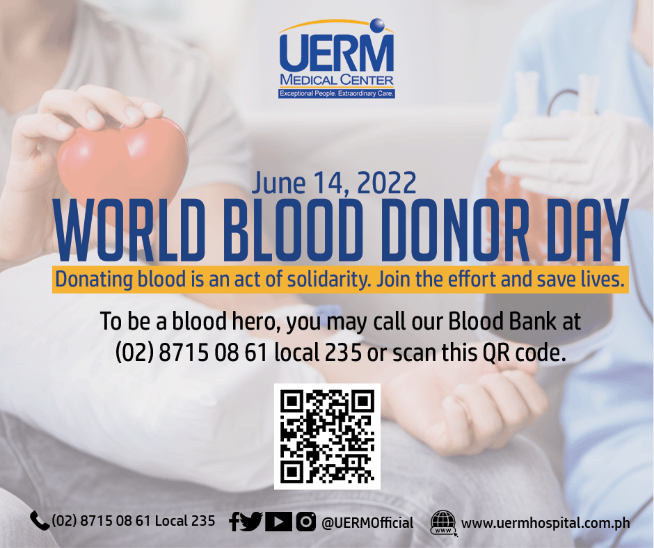 UERMOfficial's tweet photo. Join UERMโs mission to save lives by donating blood on June 14, 2022.
Donating blood is a simple way to help and can make a huge impact on someoneโs life.
#blooddonor #WorldBloodDonorDay #UERM #ExceptionalPeoplExtraordinaryCare https://t.co/Ka4JhdV4E6