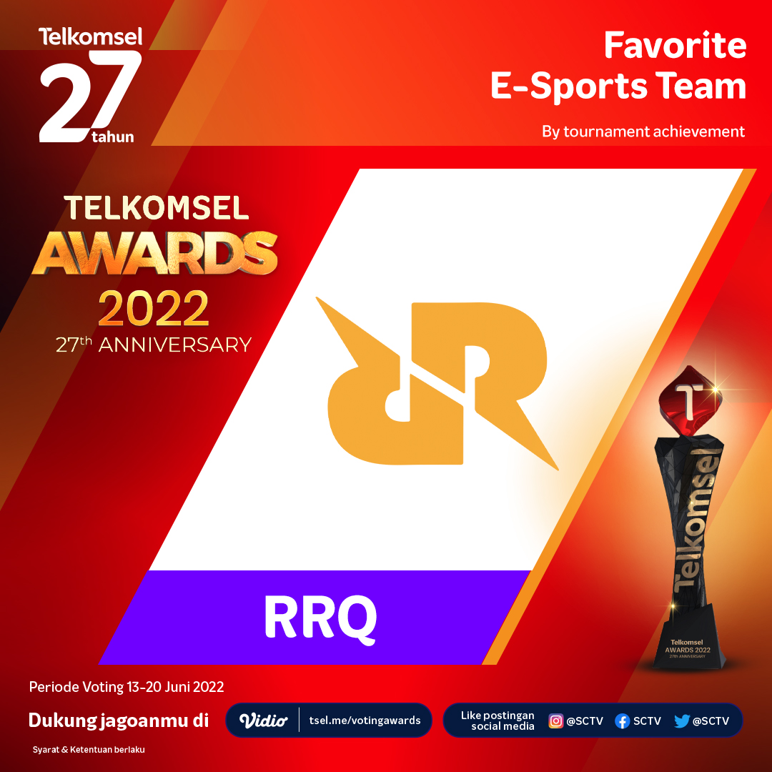 Dukung RRQ untuk memenangkan Kategori Favorite E-sports Team dengan cara LIKE foto ini.

Pastikan berikan dukungan untuk jagoanmu di Telkomsel Awards 2022, Fevers!