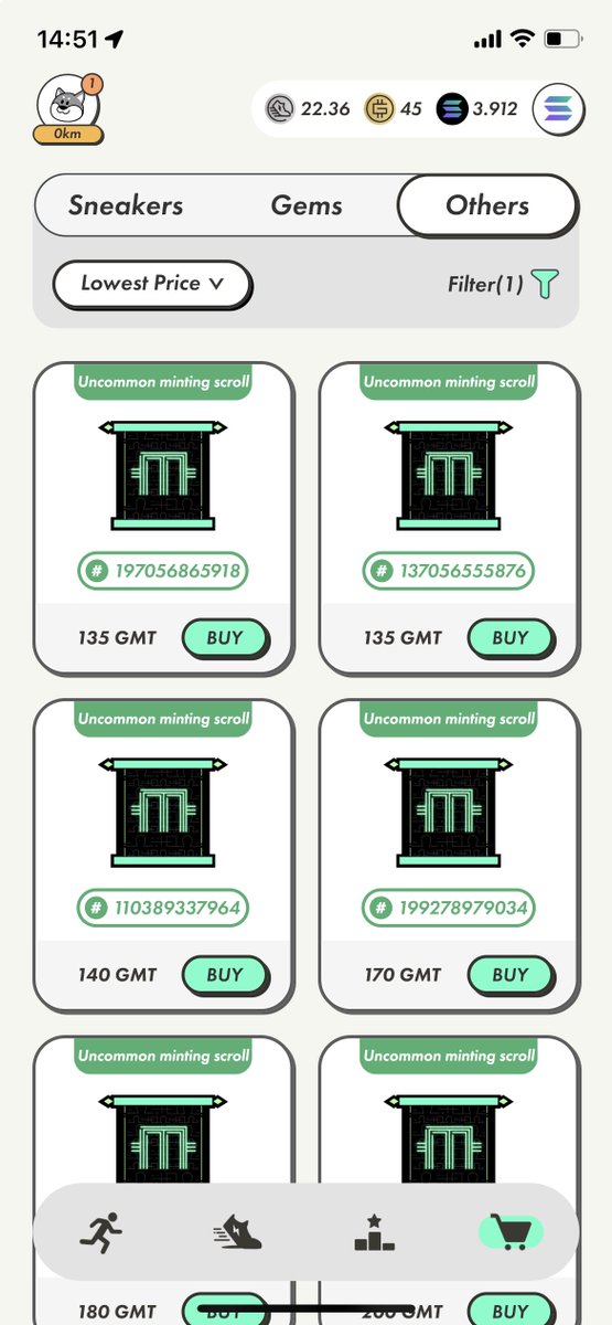 takephito's tweet photo. ミントスクロールの運営の初期設定価格はこんな感じか。これが公開後どうなるのか…
コモン、アンコモン、レアまで確認できました。
コモン→67.9GMT
アンコモン→135GMT
レア→500GMT
みんなGMTの準備はいいか?
#stepn
#stepnupdate https://t.co/jLcuWy6T1M