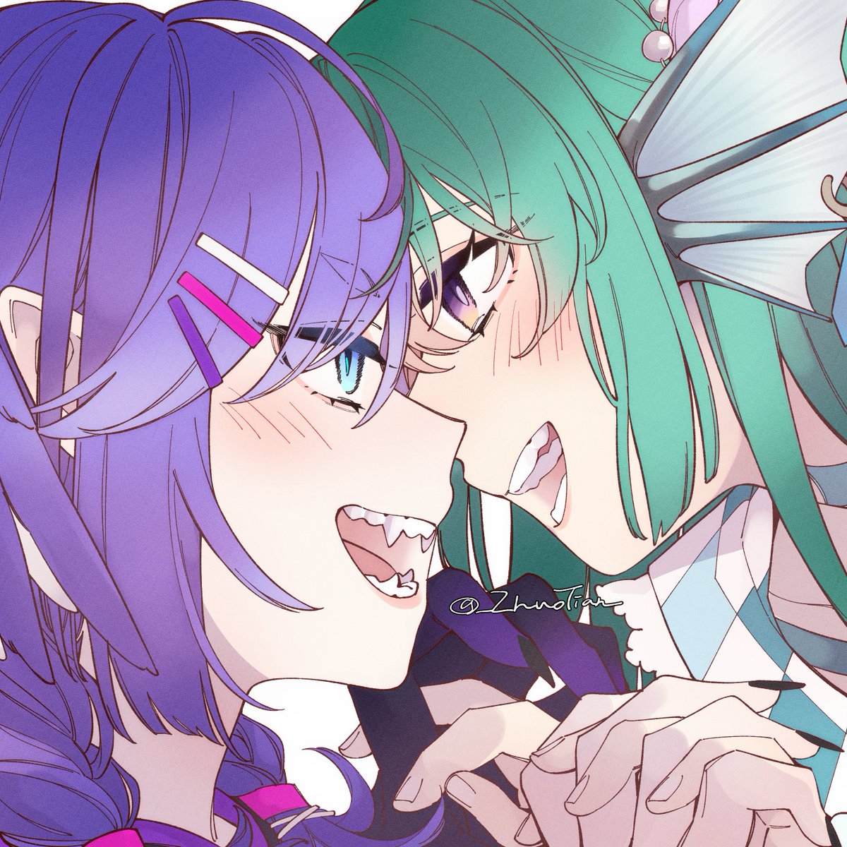 finana ryugu ,selen tatsuki multiple girls 2girls head fins fish girl purple eyes hair ornament green hair  illustration images