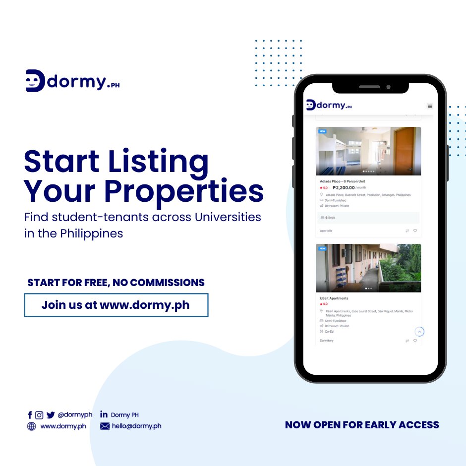 dormyph's tweet photo. 📣 Calling all agents, dorm owners, and landlords!

Nasa Dormy na ba ang property mo? Wag kang magpahuli!

You can now promote your properties on https://t.co/FoXZNqC2U9 https://t.co/gJEOssnzUq
