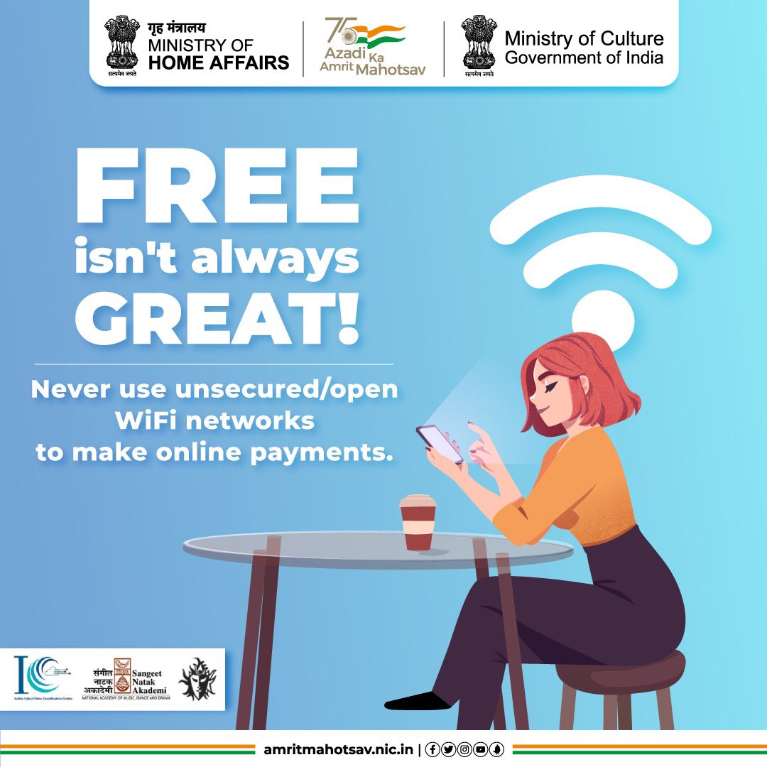 AmritMahotsav's tweet photo. Har free ki cheez acchi nahi hoti! Especially when it comes to open/unsecured WiFi networks. Never use them to make online payments. Stay cyber alert, stay safe!
#AmritMahotsav #DigitalAwarenessWeek #MainBharatHoon #IndiaAt75 #ActionsAt75 #cybersecurity #cybersecuritytips https://t.co/c9t0XthtOh