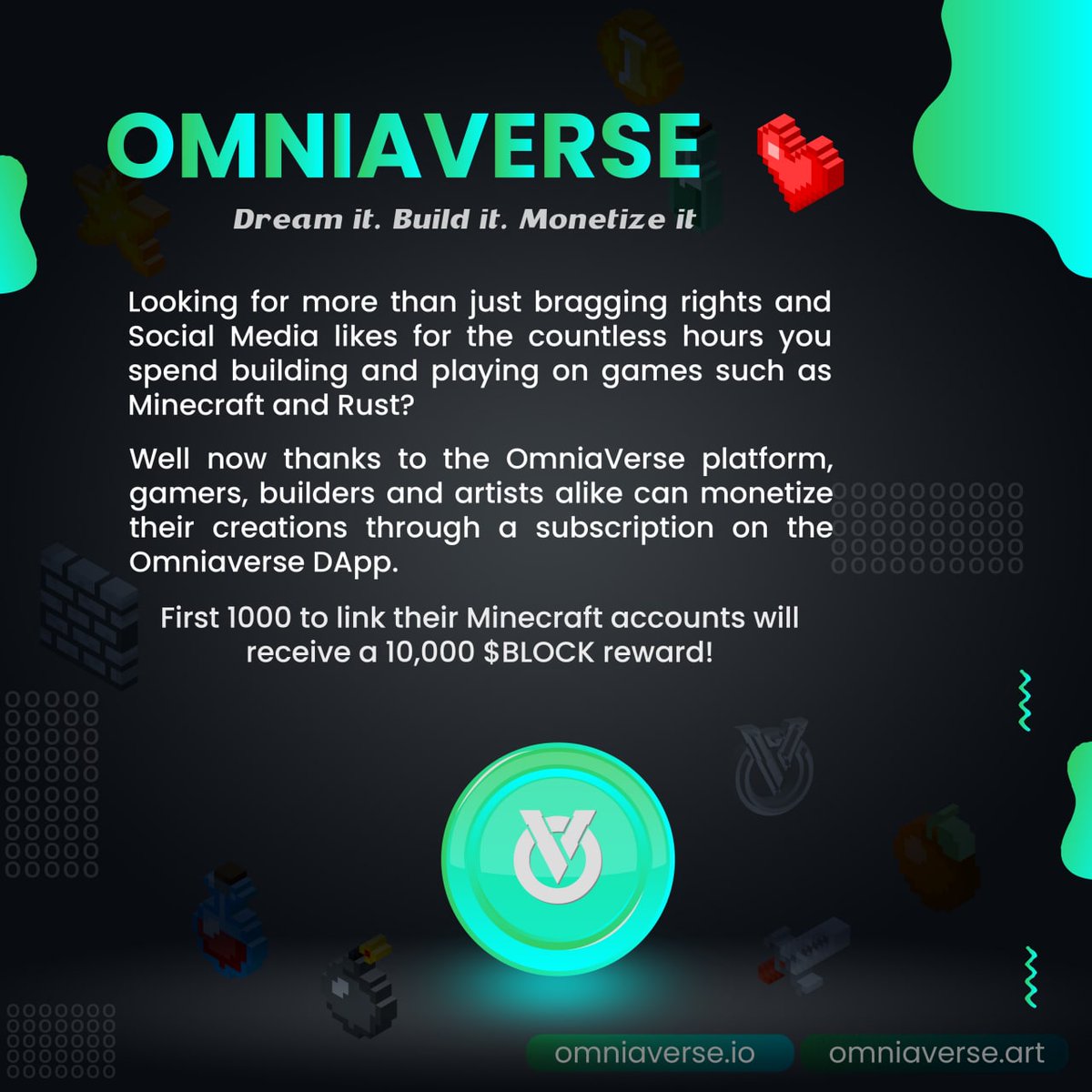omniaverse's tweet photo. It's time you get rewarded for the work you do. 

#NFTs #Minecraft #MinecraftLegends #Minecraftbuilds #P2P #BSC #BSCGems #PrivateSale #Rust https://t.co/iIISO4CNz2