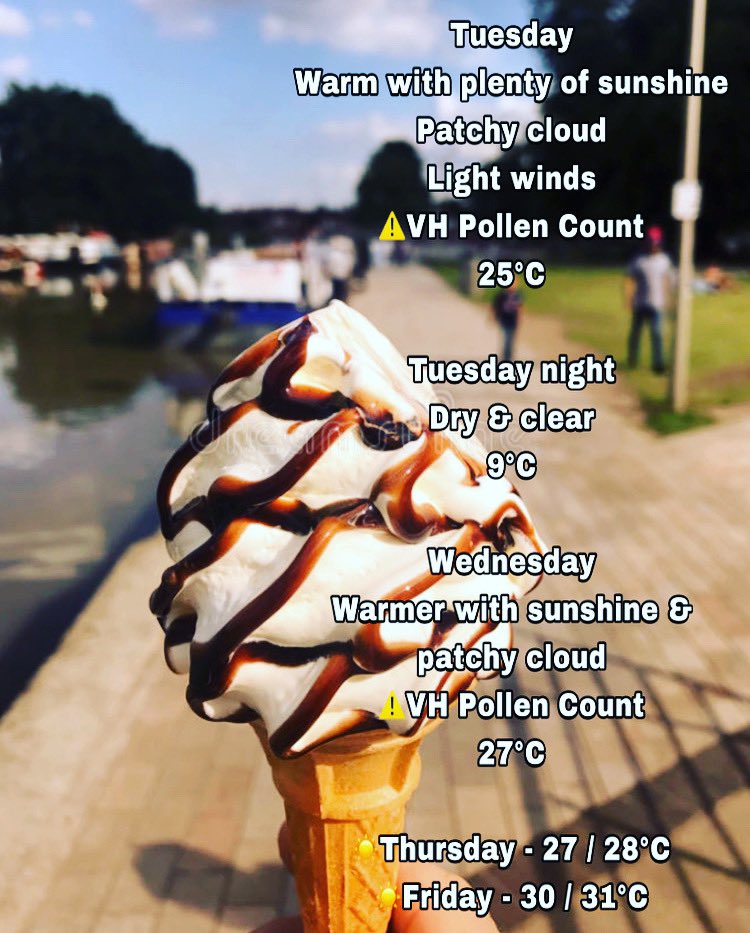 NevGWeatherGirl's tweet photo. Your Tuesday London Weather Summary brought to you by #NevGsLondonWeatherSummary 🌞☔
Thank you for all your support, retweets and likes!
#VeryHighPollenCount 🤧
#ItsAGoodDayForIceCream
#99Flake 🍦
#HappyTuesday😎🍦☀️
@Navi4Real https://t.co/1vINzpnZIF
