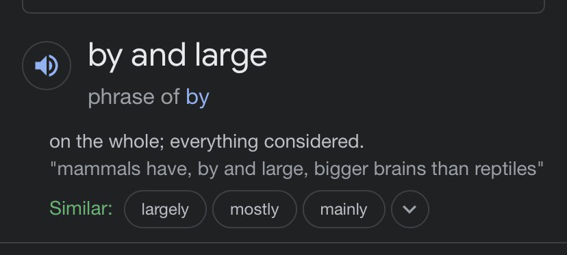 gabo_bourne's tweet photo. Phrase: by and large.

Definition: In general / On the whole.

Spanish equivalent: En términos generales / En general.

Example: People who work in the tech industry have, by and large, a pretty good salary. https://t.co/E6tQlb20Hx
