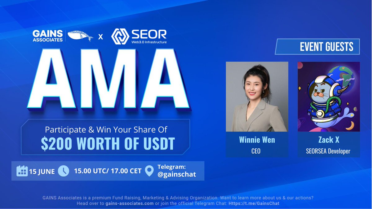 GainsAssociates's tweet photo. Welcoming Winnie and Zak from @SEOR001 
 — QUIZ &amp; AMA

Ask questions below (1 per user account) and on Telegram (https://t.co/DcmemHrUYp) on 15-06-2022 at 15:00 UTC to win your share of $200 $USDT

In order to win, RT this message &amp; follow 
@SEOR001  

#GainsAMA https://t.co/3SYBOHes2Z