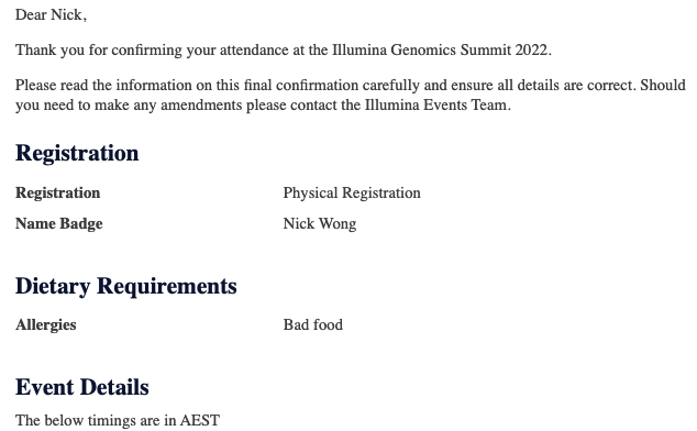 methylnick's tweet photo. I hope I don't get any special sauce in my food, I have to stop doing that. #Allergies #badfood @illumina #genomicsSummit #notonlyabioinformatician #booked #lockedIn https://t.co/CraUem46PA