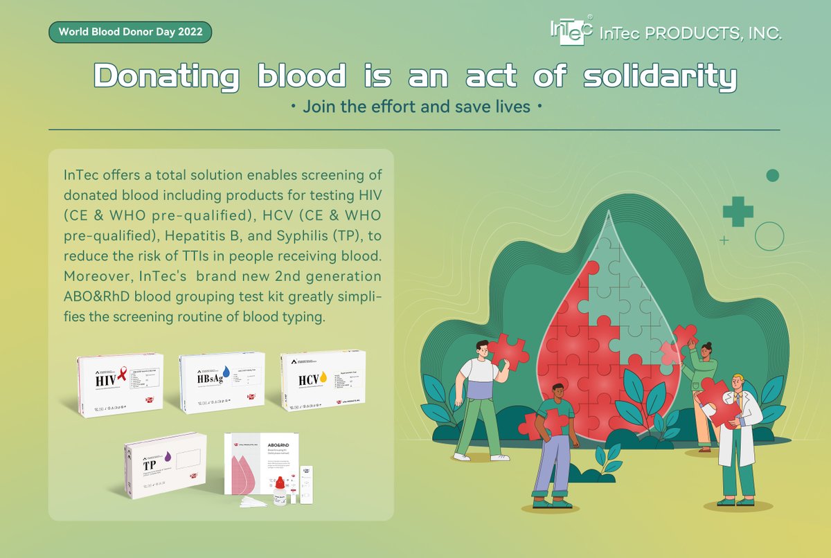 inc_intec's tweet photo. #WorldBloodDonorDay InTec offers a total solution enables screening of donated blood including products for testing HIV (CE &amp; WHO pre-qualified), HCV (CE &amp; WHO pre-qualified), Hepatitis B, and Syphilis (TP), to reduce the risk of TTIs in people receiving blood. https://t.co/7D8eIBf0JG