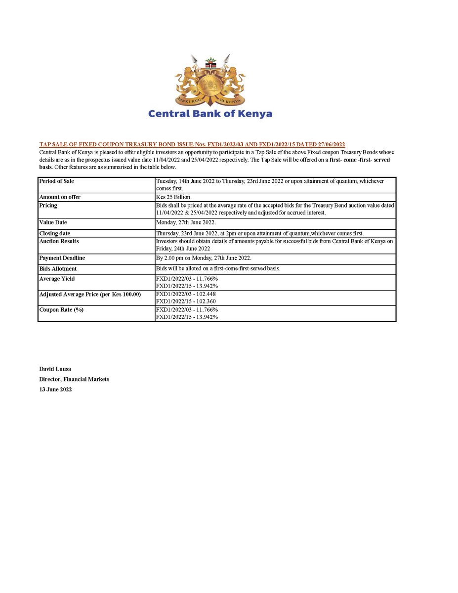 CBKKenya's tweet photo. Tap sale of Fixed Coupon Treasury Bond Issue Nos. FXD1/2022/03 and FXD1/2022/15 dated 27 June 2022 https://t.co/oGXgxe70Wo