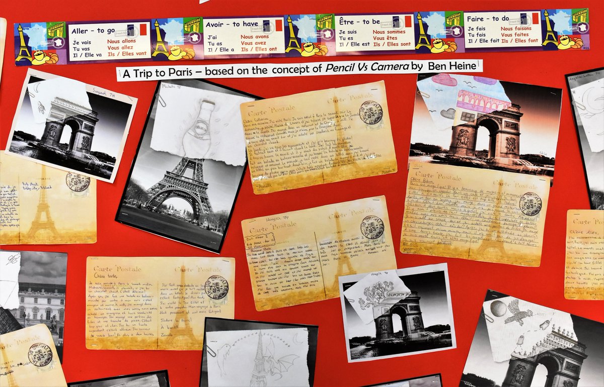 PHESDoha's tweet photo. Our Modern Foreign Languages teachers consistently introduce innovative methods to further enrich learning. Using a concept called Pencil vs Camera by artist Ben Heine, our Year 7 French students developed their own piece of artwork to accompany a postcard written in French. https://t.co/R3W2KLX5Ib