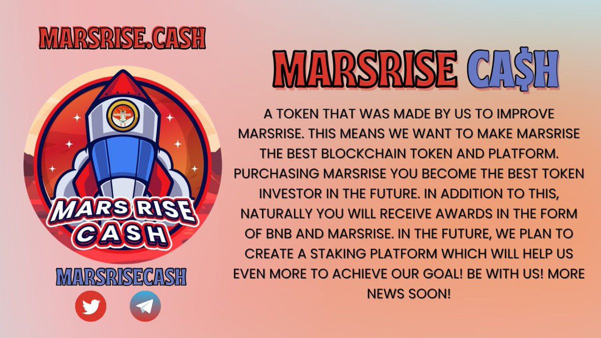 #Airdrop: MarsRiseCash (MRCASH)
Prize Pool: $100,000 worth of MRCASH
Reward: $25 in MRCASH
Referral: $10 in MRCASH
Winners: for all valid users

Airdrop Link: t.me/MarsRiseCashAi…

- Follow @marsrisecash
- Distribution date: July 31, 2022

Website: marsrise.cash