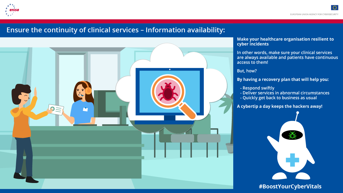 CyberSecMonth's tweet photo. Health must go on. Ensure the continuity of clinical services and information availability. Let's be resilient to cyber incidents #BoostYourCyberVitals Join us for #CyberHealthWeek #Cybersecurity #healthcare https://t.co/nEhLUPFHii