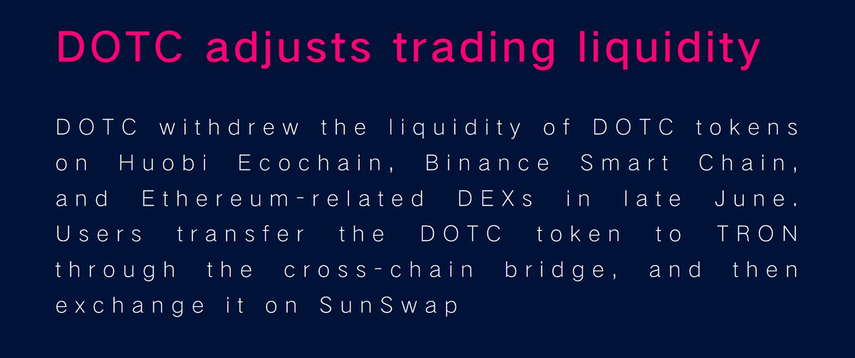 DOTC adjusts trading liquidity

Users transfer the DOTC token to TRON through the cross-chain bridge, and then exchange it on SunSwap