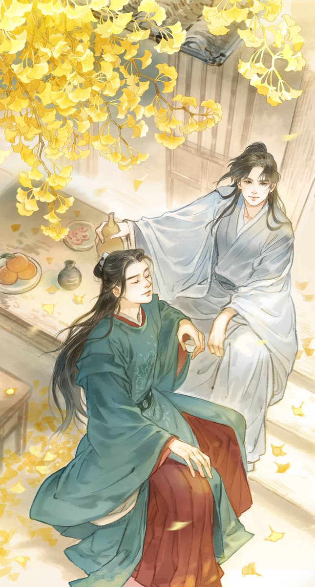 2boys multiple boys chinese clothes hanfu long hair sitting male focus  illustration images