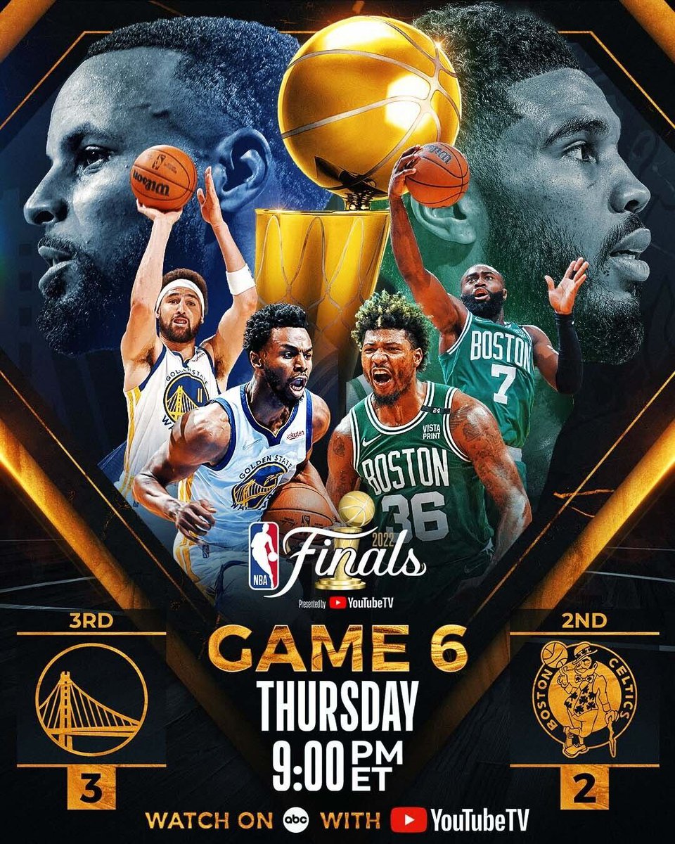 NBA's tweet photo. The Warriors look to close out the series as the Celtics look to force Game 7!

Game 6: Warriors (3-2) Celtics
🏀 Thu. 9:00pm/et on ABC

#NBAFinals presented by @YouTubeTV 🏆 https://t.co/Iox2B6VwpJ