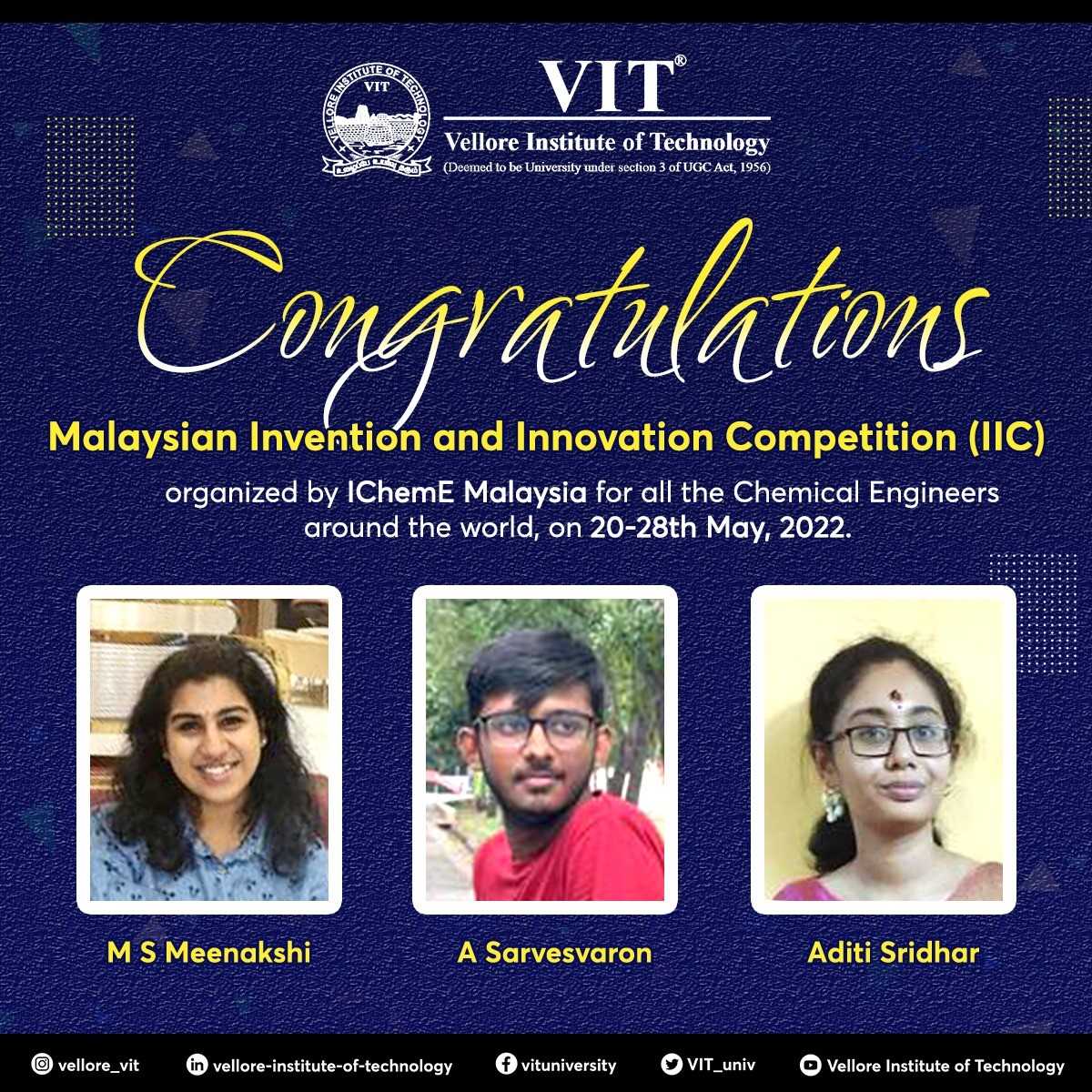 VIT_univ's tweet photo. Hearty congratulations to our students, Meenakshi MS, Aditi Sridhar (#AIChE-#VIT) and Sarvesvaron A (#IIChE - VIT), who, as a team have won the '#BRONZEAWARD' in the "#InnovationAndInventionCompetition (#IIC)!"
#IChemEMalaysia #ChemicalEngineering #ChemicalEngineers #PrideOfVIT https://t.co/JTvfzmHx1b