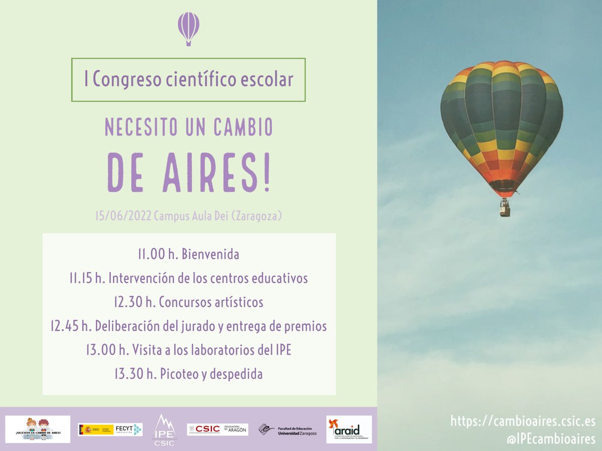 ARAID_ES's tweet photo. Mañana miércoles tiene lugar el I Congreso Científico Escolar del proyecto financiado ✖️ @FECYT_Ciencia  "Necesito un cambio de aires‼️" @IPEcambioaires liderado por Jorge Pey, ARAID en @IPE_CSIC @AragonCsic 
⏰Desde las 11 a.m.
🌎Campus Aula Dei @EEAD_CSIC 
Programa en la imagen https://t.co/y0bWn4VDlO