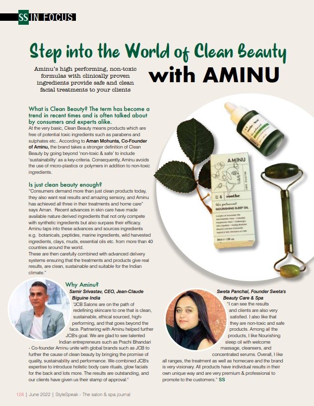 aminu_life's tweet photo. We were featured in StyleSpeak- The Salon &amp; Spa journal June 2022 edition 😍

As @samir_srivastav  and Sweta Panchal rightly mentioned, Aminu makes high-performing, non-toxic cosmetics with clinically proven ingredients for clean, sustainable beauty.🌻
#aminuskincare #cleanbeauty https://t.co/1hSz4GnUXH
