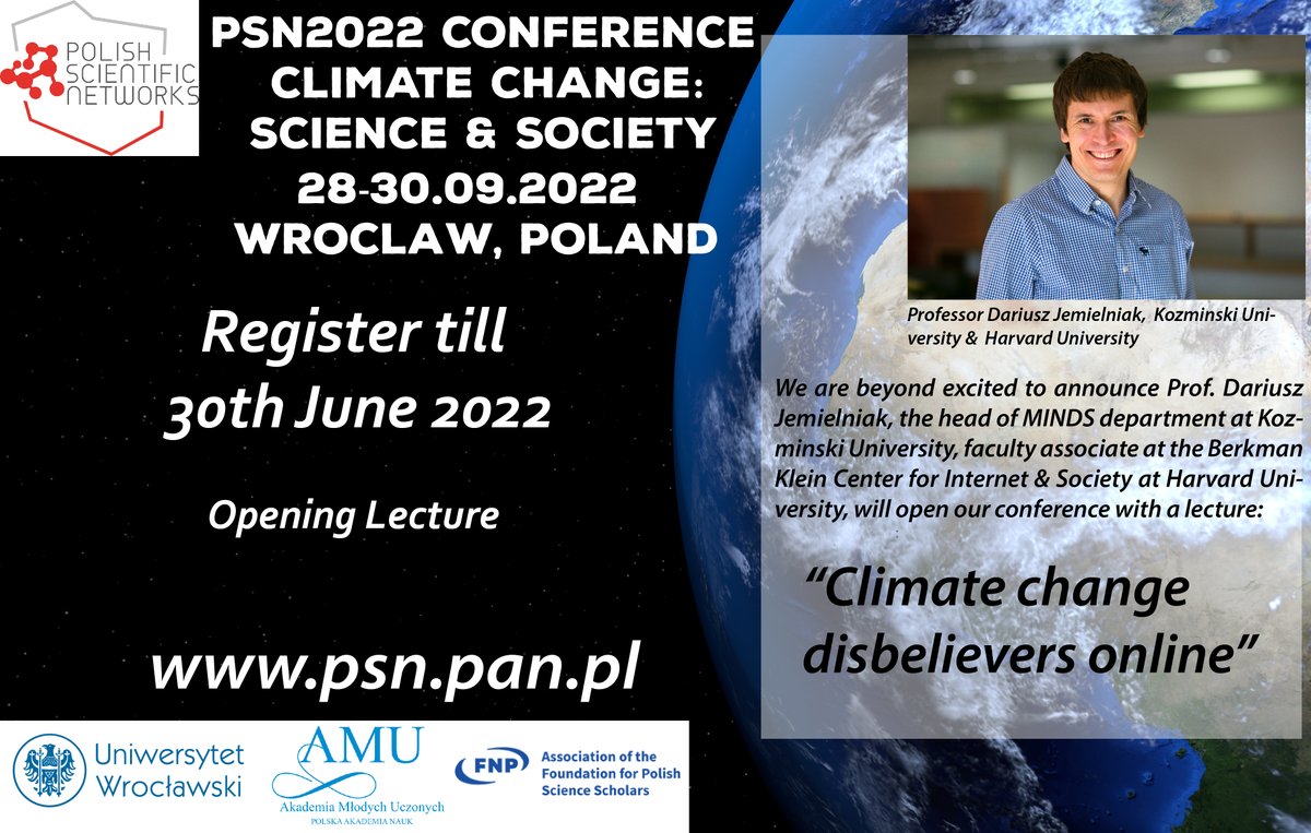 PAN_AMU's tweet photo. It is with great pleasure to announce that #PSN2022 will host Professor @JemielniakD head @DigMINDS
at @KozminskiUni as #OpeningLecture keynote speaker!!!
In addition, PSN will run several workshops🔥🔥 one of them is #Climate Wars on #Media: Communicating climate changes🧐 https://t.co/kRKz49vWMH