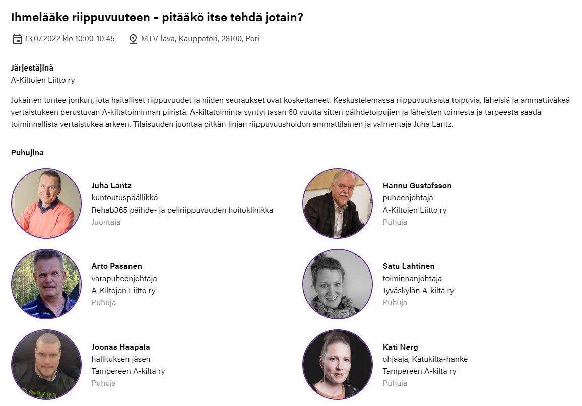 Ihmelääke riippuvuuteen – pitääkö itse tehdä jotain?
#SuomiAreena'ssa 13.7 keskustelemassa riippuvuuksista toipuvia, läheisiä ja ammattiväkeä  mm.<a href="/HannuGustafsson/">Hannu Gustafsson</a> <a href="/pasaarto/">arto pasanen</a> 
#A_kiltatoiminta päihdetoipumisen asialla 60 vuotta
Tilaisuuden juontaa <a href="/juhalantz/">juha lantz</a>
suomiareena.fi/pori/ohjelma/6…