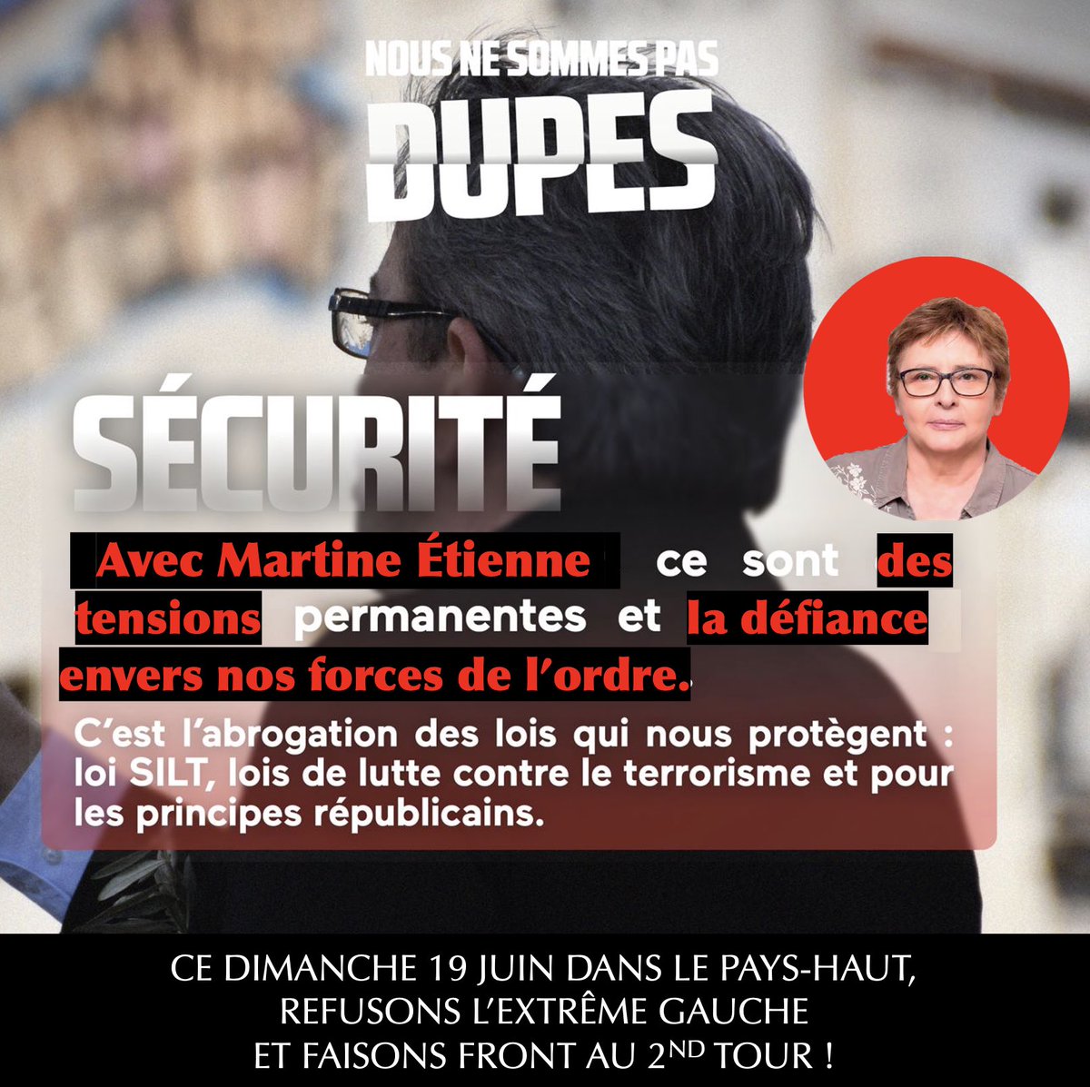 XavierPalu2022's tweet photo. 🔴[J-5] ÊTES-VOUS PRÊTS À DÉSARMER NOTRE POLICE⁉️
￼Plutôt que l’Extrême gauche de #MartineETIENNE je choisis un projet qui protège #Circo5403 :
￼✅2x plus de forces de l’ordre dans les rues
￼✅200 nouvelles brigades de gendarmerie en zone rurale
￼✅8500 magistrats &amp; greffiers https://t.co/z2dSIIy839