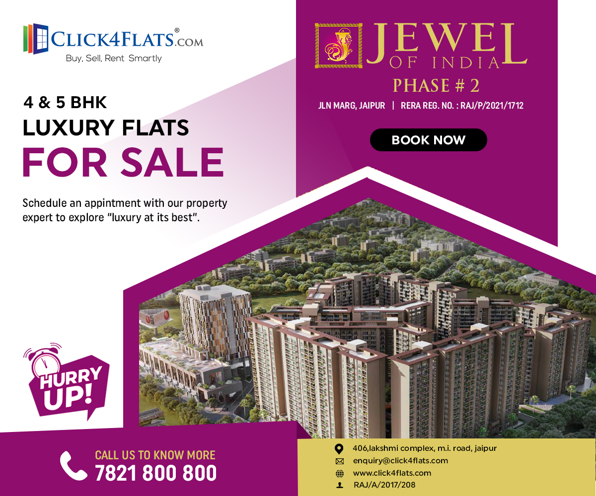 Click4Flats's tweet image. 4 &amp;amp; 5 BHK luxurious flats for sale at Jewel of India by Suncity Group at JLN Marg, Jaipur
To know more, Call at 7821800800 or Visit at click4flats.com/buy/jln-marg/p…

#JewelOfIndia #flatsinjaipur #Home #Click4flats