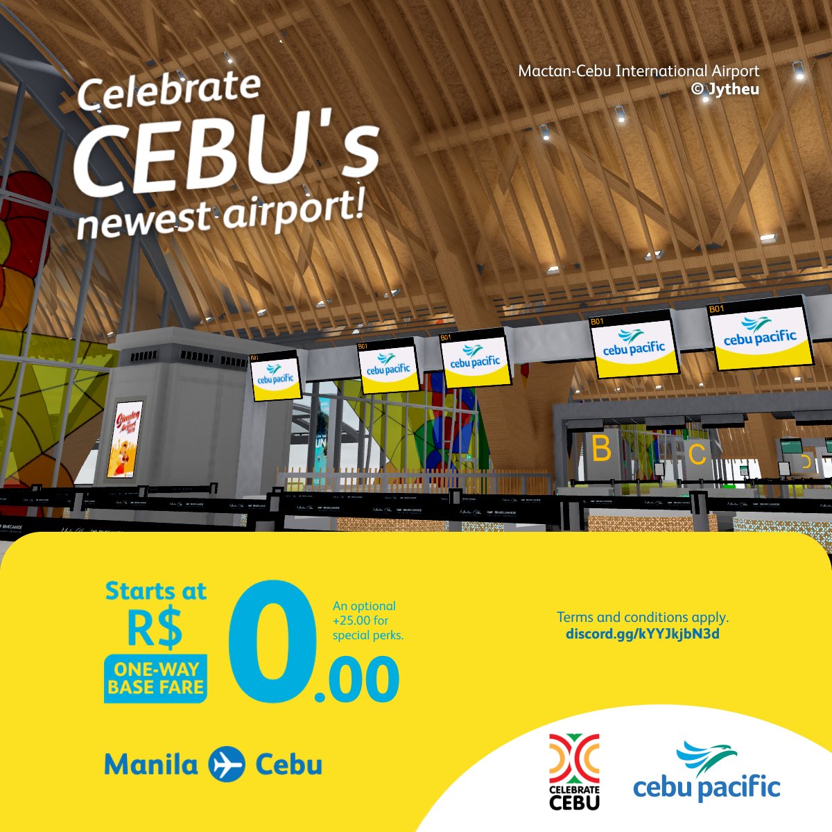 Celebrate Cebu's newest airport! 🌴Fly from Manila to Cebu with us for as low as R$ 0 base fare.— An adventure awaits! 😲 discord.gg/kYYJkjbN3d

#MoreSmilesAhead
#CelebrateCebu
#EverythingStartsHere