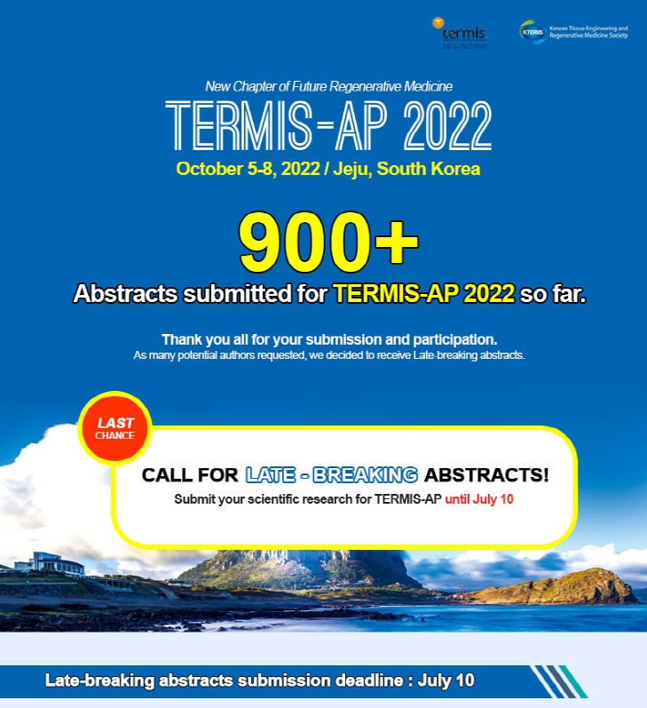 Call for late-breaking abstracts now open!
Abstract Submission ap2022termis.org/index.php?gt=a…
#TERMIS #regenerativemedicine #Jeju #Korea #abstract #tissueengineering #biomaterials
