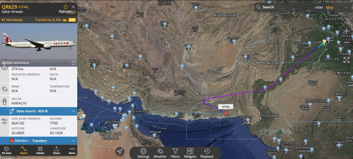 FlyingFreak73's tweet photo. #BreakingNews #QatarAirways Flight #QR629 from #Lahore to #DOHA changes SQUAEK 7700 and seems to be diverting to #Karachi QR629 is #boeing 777-300ER, Reg. A7-BEA and it's a 9 year old #Airplane
#Emergency https://t.co/S81MDWcaij