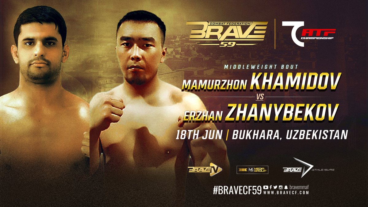 Mamurzhon Khamidov will clash with Erzhan Zhanybekov for an outstanding Middleweight bout at #BRAVECF59 💥💪

📍Bukhara, Uzbekistan
🗓️ June 18th!
⏰ 7:30PM UZT | 2:30PM GMT

[#BRAVECF | #Yearofchange #Uzbekistan]