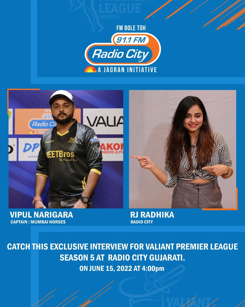 vpl2020's tweet photo. Catch our @vpl2020 captain at @radiocity_gujarati with @rj_radhika91.1 for #VPL5
@radiocityindia #ValiantPremierLeague #ValiantVPL #VipulNarigara #RjRadhika #VPLcricketer #ValiantCricketer #Cricket #League #radiocity #radiocitygujarati #interview https://t.co/MYnvQQG9IG