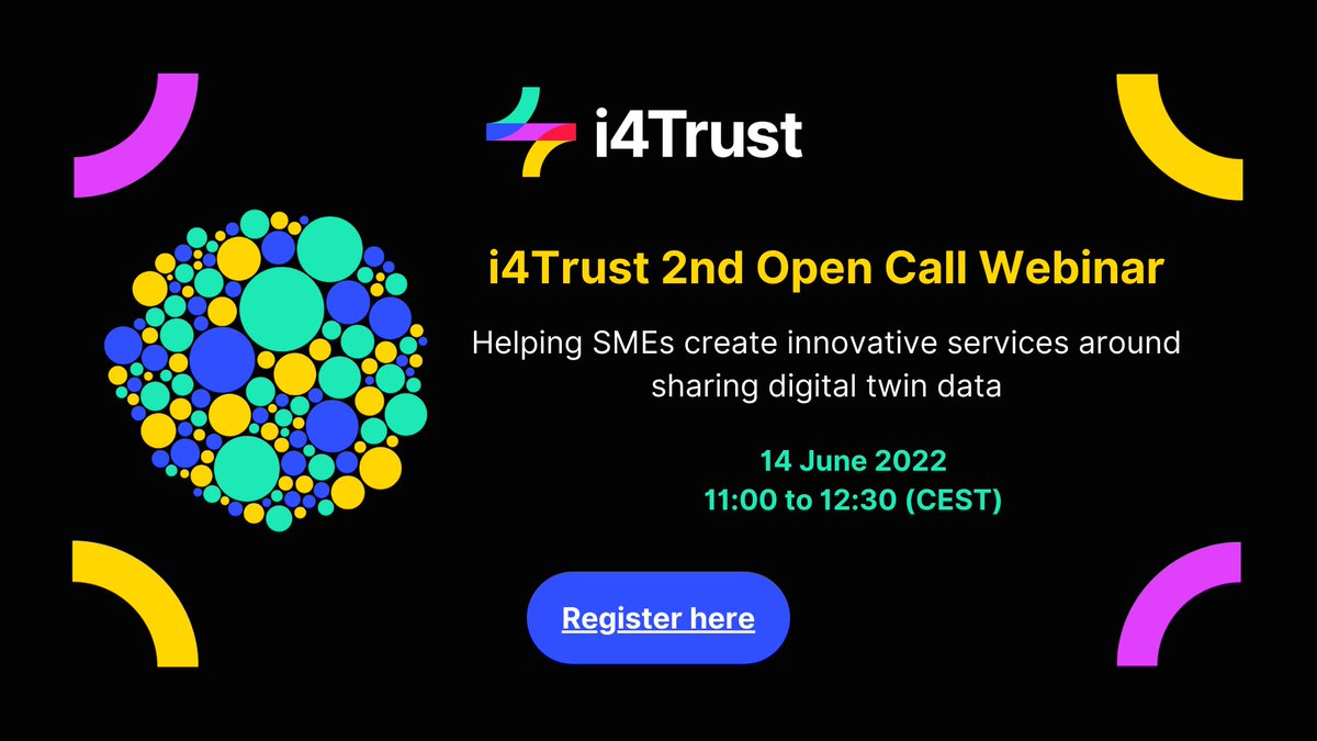 📢TODAY! @i4trust is calling all European SMEs and DIHs to receive #funding by sharing their data!
🎯Get ready to apply to the i4Trust 2nd Open Call and find consortium partners.
Register to the live webinar June 14th⏱ 11:00 am - 12:30 am CEST
🔗 bit.ly/3zenxp0