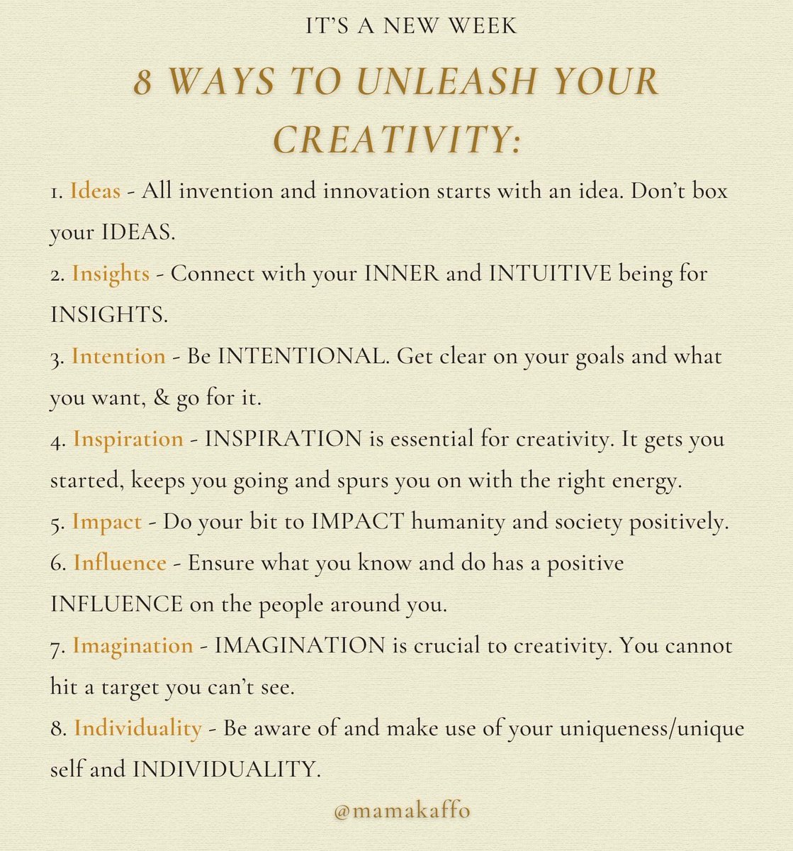 MamaKaffo's tweet photo. #creativity | #ideas | #insights | #intention | #inspiration | #impact | #influence | #imagination | #individuality | https://t.co/keD3rc0pDS