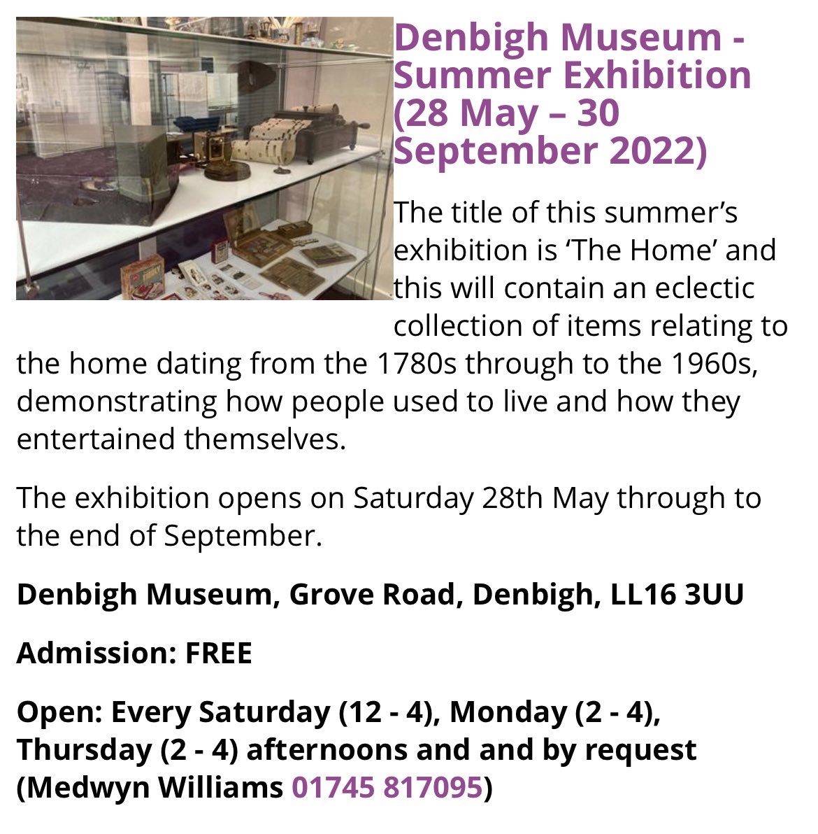 Denbigh_Museum's tweet photo. Don’t forget to pop in to @Denbigh_Museum #Denbigh to see our latest exhibition “The Home”. Free admission. Open on Monday, Thursday and Saturday afternoons. #DenbighMidsummerFestival https://t.co/Y0XV3fM0gS