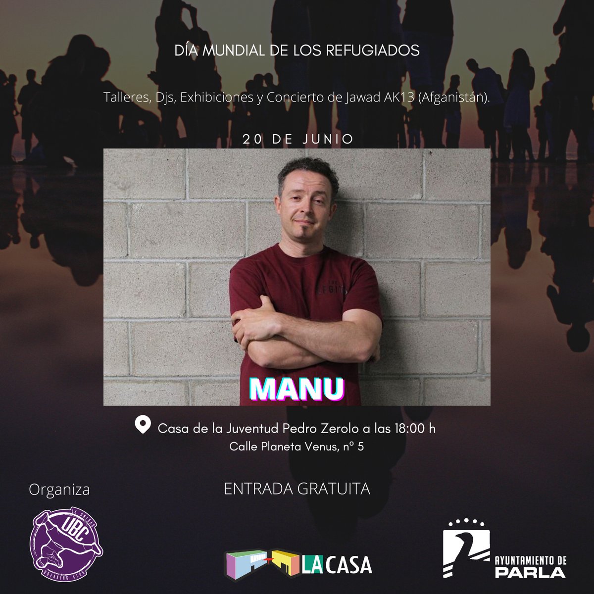 Juventud_Parla's tweet photo. 🔥Talleres, DJs, exhibiciones, concierto de Jawad AK13...

L@s chic@s de La Unidad #Breaking Club han organizado una super tarde en #LaCasa con motivo del #DíaMundialdeLosRefugiados. 

Hoy lunes 20 de junio a las 18:00h. en #LaCasa

¡Pásate! 

#BreakingParla #hiphop #dance #rap https://t.co/P3JSjuuYDA