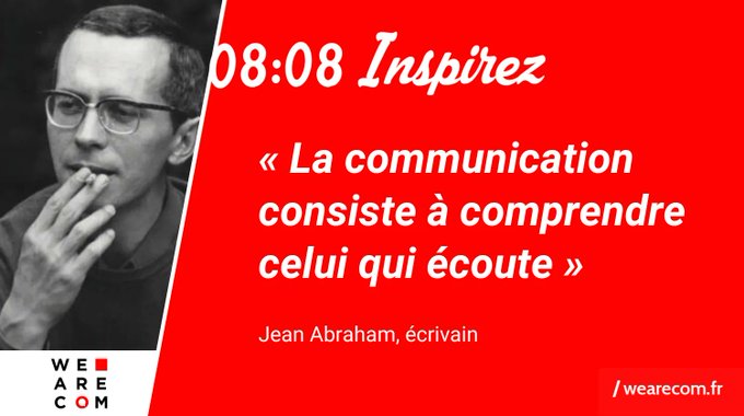 💡 Toute action de #communication nécessite un émetteur et surtout un récepteur. Le plus grand enjeu de la COM n'est-il pas finalement la bonne compréhension de celui qui écoute ? 📣 Une inspiration de l'écrivain français Jean Abraham. 👌 + de citations ? buff.ly/2GX3Zry