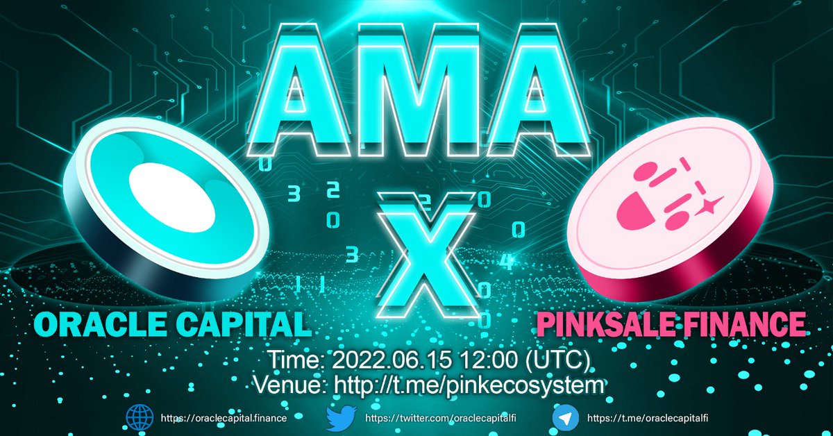 CryptoHunterETH's tweet photo. 🔥 Upcoming Oracle Capital AMA!

@OracleCapitalFi X @pinkecosystem

✅ Event: Oracle Capital voice AMA
✅ Where: https://t.co/4QrvP9r0u1
✅ When: 15th June 12:00PM UTC
✅ Prize: $300 split between 6 winners 

👉 TG: https://t.co/fVZfRlyd98

👉 Web: https://t.co/9VZDhxrA2r

#AMA https://t.co/cFwz8leA4t