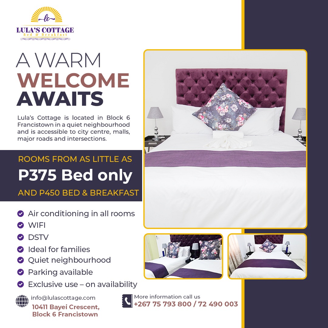 SiphoShowa's tweet photo. Accommodation available in FRANCISTOWN. See flyer 👇. In-house chef. Call 75793800/72490003 or email   info@lulascottage.com for bookings.  Located about 250m directly opposite Tati River Lodge main entrance. Please RT 👊. https://t.co/MpHg43Ck6K