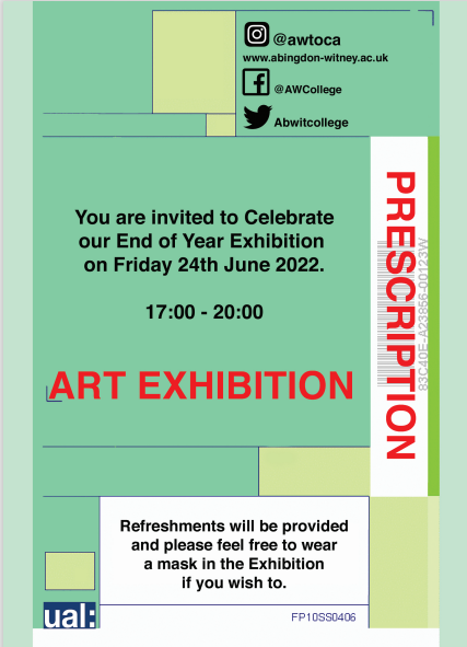 AbWitCollege's tweet photo. It's that time of year again (and this time it's in person)! You are cordially invited to the Witney Campus Arts Show - [Prescription]
More information can be found on our website:https://t.co/Q1XL6YvuX6
#finalmajorproject #artshow #fashion #ceramics #painting #2D #3D #immersive https://t.co/CtbLf7ojpA
