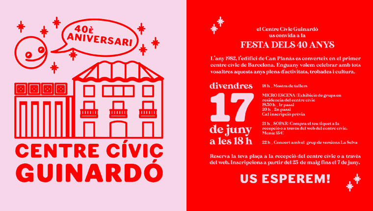 bcn_hg's tweet photo. Sabíeu que el primer centre cívic que va tenir Barcelona va ser el @ccguinardo? Doncs ara compleix 40 anys i ho celebra amb una festa. Hi esteu tots convidats!

📆 17 de juny
🕖 De 18 a 23 h
📌 Centre Cívic Guinardó
ℹ️ https://t.co/8xQtZ1lt4p https://t.co/4A5YJB2CI8