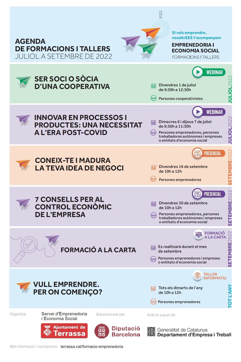 Trsempresa's tweet image. 📢Arriba la programació del 3r trimestre del Servei d'#Emprenedoria i #ESS de l'@ajterrassa!

🗓️01/07 Ser soci o sòcia d'una #cooperativa
🗓️06/07 #Innovar en processos i productes
🗓️16/09 Madura la #idea de #negoci
🗓️30/09 Control econòmic de l'#empresa 
👉terrassa.cat/formacio-empre…