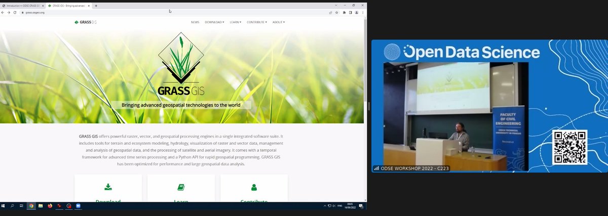 Now start of the two #GRASSGIS workshops at opendatascience.eu/workshop-2022/ - Part 1: Introduction and new features (Martin Landa, 9:00 - 10:30) - Part 2: Processing multitemporal EO data with #JupyterNotebook (@MarkusNeteler, 11:00 - 12:30) @HarmonizerGeo @OSGeo