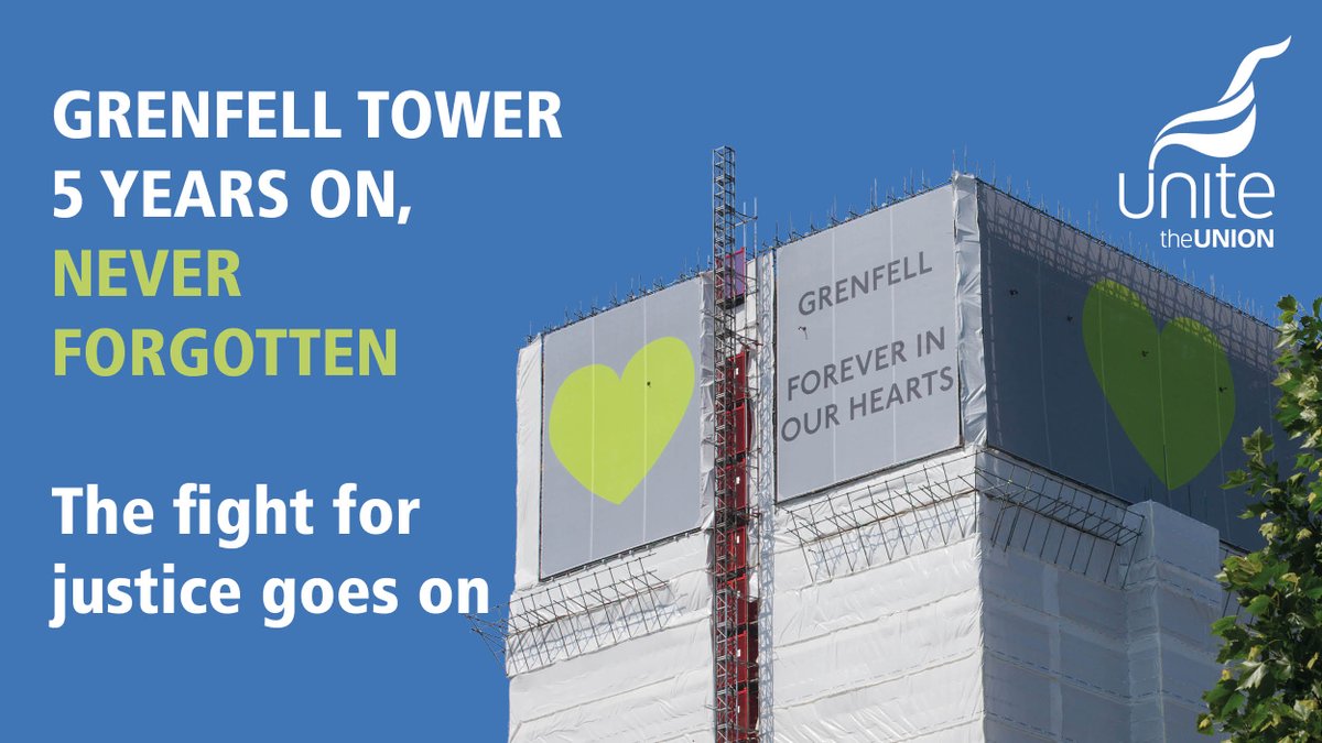 5 years ago, a horrific fire took the lives of 72 people, including Unite members and their families. Shamefully, nobody has ever been held to account. Today, we stand in solidarity with the #Grenfell community in the fight for justice.