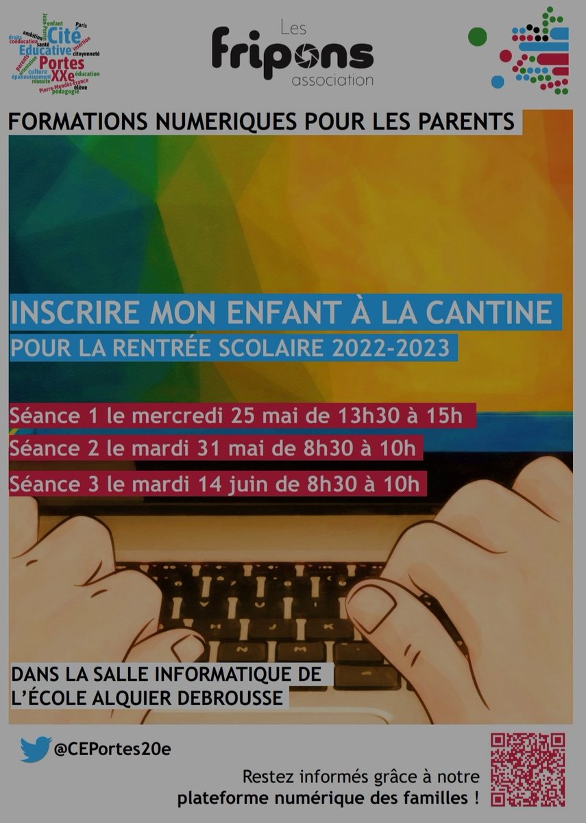 CEPortes20e's tweet photo. 💻 Ce matin, @lesfriponsasso s'installent à l'école polyvalente Alquier Debrousse pour une dernière session d'accompagnement à l'inscription à la cantine pour l'année 2022-2023. #numérique #CE20 https://t.co/mnDU9KKUww