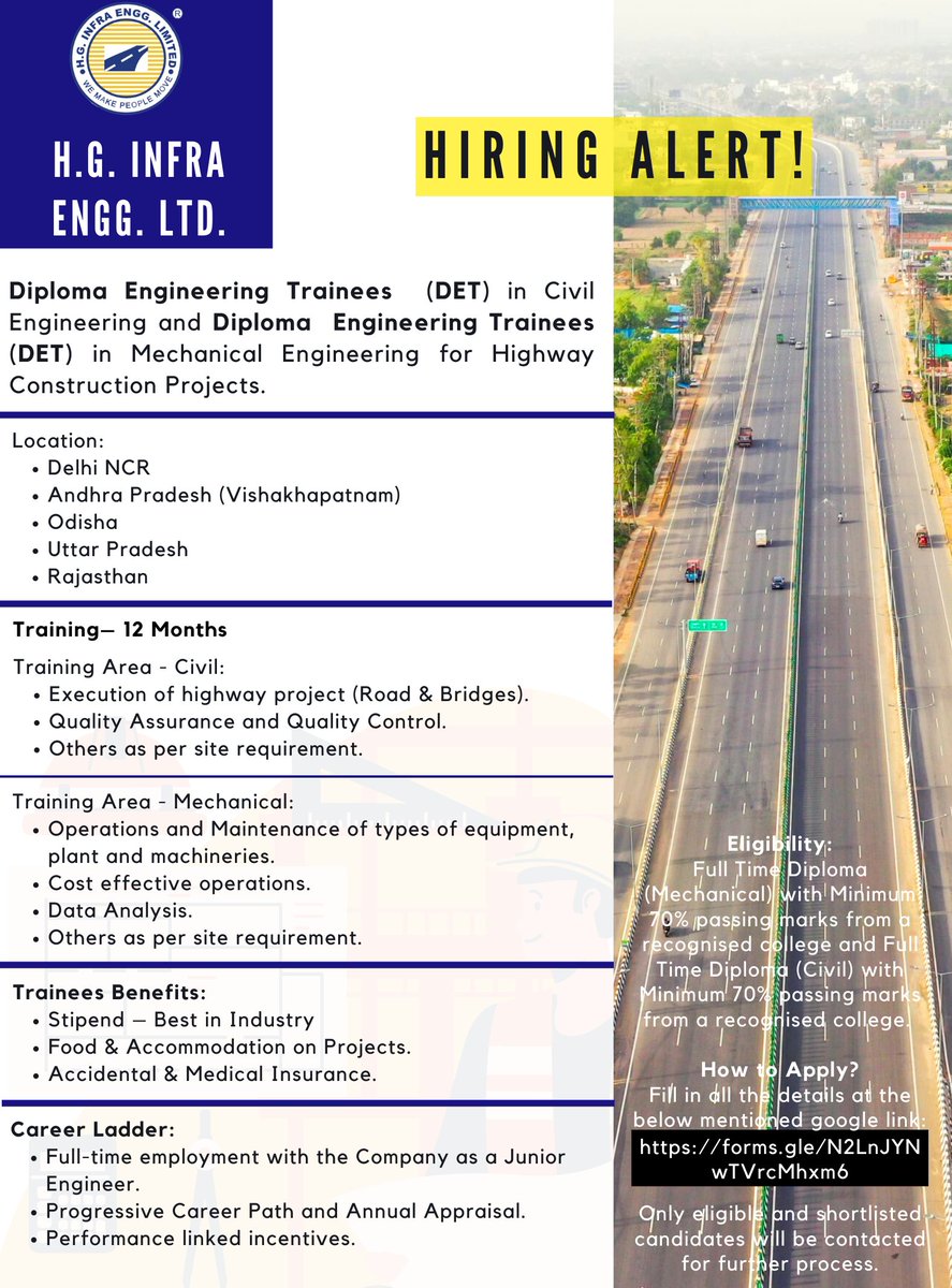 hginfra's tweet photo. HG Infra is hiring for Diploma Engineer Trainees.

Eligibility:
Full-Time Diploma (Mechanical or Civil) with minimum 70% passing marks

How to Proceed:
- Fill in the form through Google Link: https://t.co/HsdUgqNT02
Deadline: 18-06-2022
- Shortlisted candidates will be contacted https://t.co/I8BAps7c3a