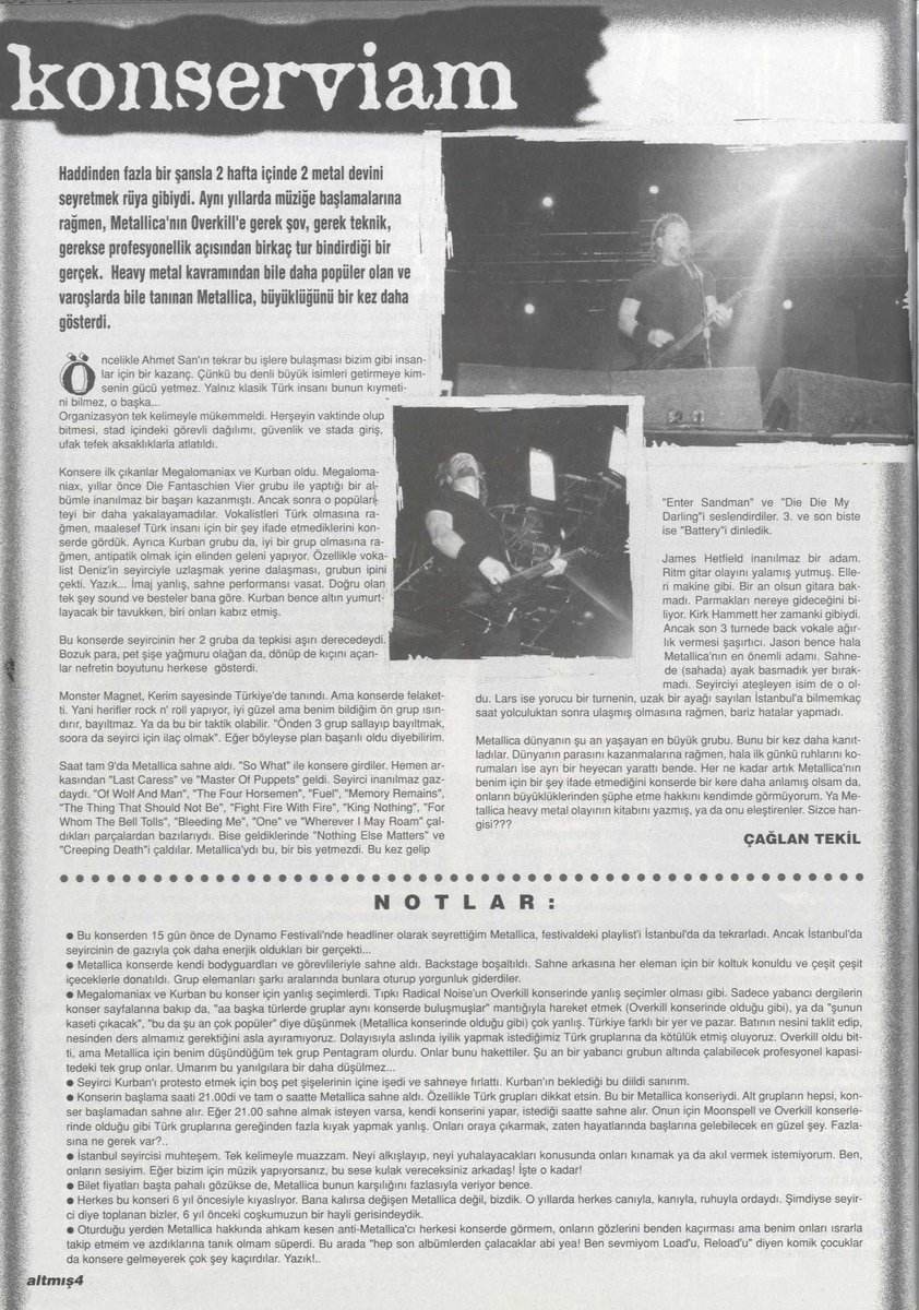 trde_agir_muzik's tweet photo. Geçmişte dün, 1999. Dün şu mühim hadiseyi paylaşmayı unutmuşuz:

Metallica Türkiye'deki ikinci konserini Ali Sami Yen Stadı'nda verdi. Öncesinde Monster Magnet, Kurban ve Megalomaniax grupları çıktı. Ekte konser sonrası Milliyet'te çıkan haber ve Non Serviam'daki izlenimler var. https://t.co/u8v8FPWKq1