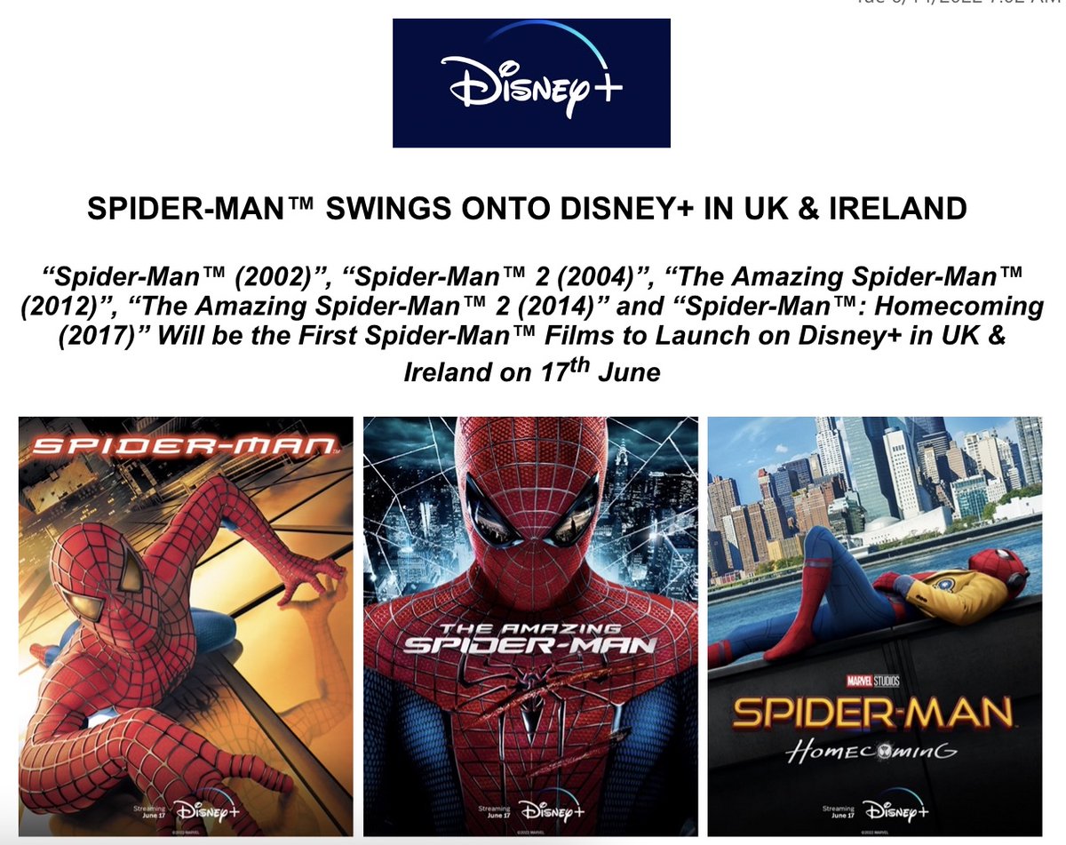 AliPlumb's tweet photo. Spider-Man 3 notable by its absence 😉

Also in this press release:

"Additional titles from Sony Pictures’ film and television library are expected to premiere on Disney+ in UK &amp; Ireland later this year" https://t.co/5bfNESe7BC