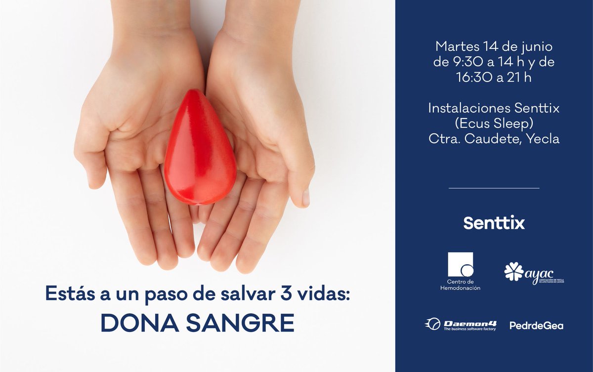 Hoy, en el Día Mundial del Donante de Sangre, os esperamos de 9:30h a 14.00h y de 16:30h a 21.00h en @SenttixEsp.

Anímate a donar y avisa a todos tus familiares y amigos para que también se sumen. Se necesitan reservas de sangre y os necesitamos para ayudar a salvar vidas 🥰❣️
